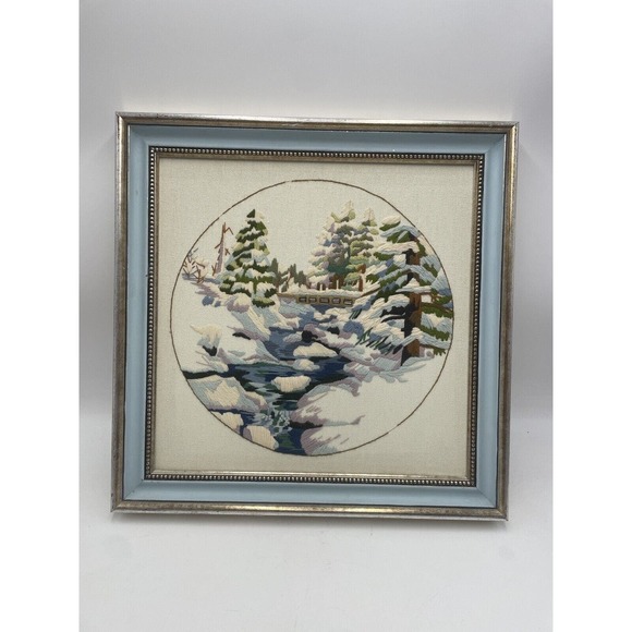Vintage MCM CREEK Crewel Embroidered Needlepoint Framed Wall Art Decor 10x10 - Picture 1 of 7